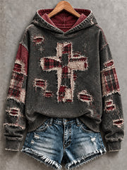 Women's Patchwork Christian Cross Print Hoodie