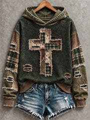 Women's Patchwork Christian Cross Print Hoodie
