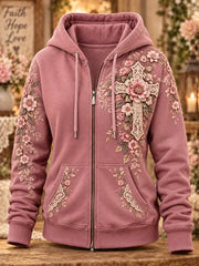 Women's Retro Christian Floral Cross Art Print Casual Zip-Up Hoodie