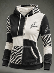 Women's Faith-Themed Zebra Stripe Pattern Block Patchwork Design Casual Hoodie