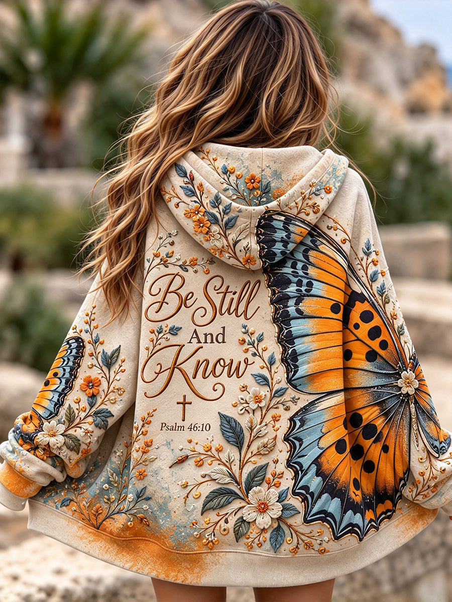 Women's Be Still And Know Floral Butterfly Print Zip-Up Hoodie gracestitchs