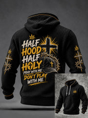 Men's Half Hood Half Holy Print Checkered Cotton Hoodie