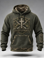 Men's Vintage Military Style Prayer & Strength Christian Camoflage Print Raglan Hoodie
