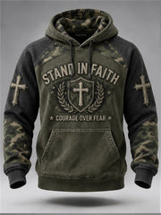 Men's Vintage Military Style Stand in Faith Christian Camoflage Print Raglan Hoodie