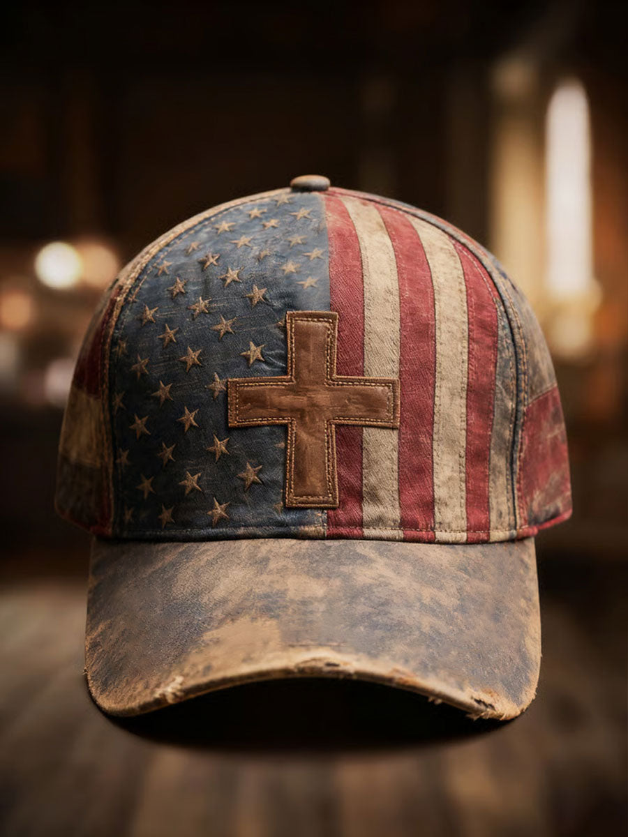 Unisex Faith Cross American Flag Print Hat