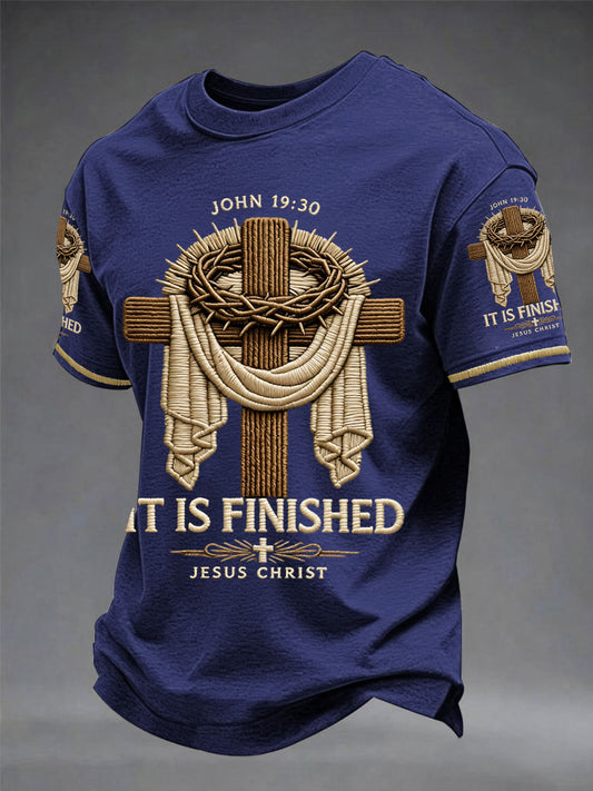 Men's He Is Risen It’s Finished Easter Jesus Christian Cross Print Casual Tee