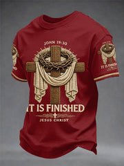 Men's He Is Risen It’s Finished Easter Jesus Christian Cross Print Casual Tee