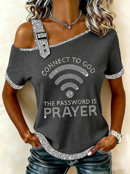 Women's "Connect To God,The Password IS Prayer" Off-the-Shoulder Short-Sleeve T-Shirt