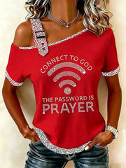 Women's "Connect To God,The Password IS Prayer" Off-the-Shoulder Short-Sleeve T-Shirt