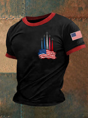 Men's Independence Day American Flag Jet Plane Print Casual Tee