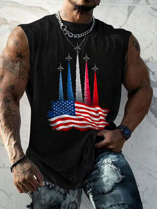 Men's Independence Day American Flag Jet Planes Print Casual Tank Top