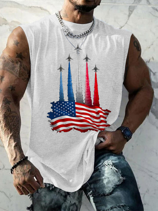 Men's Independence Day American Flag Jet Planes Print Casual Tank Top
