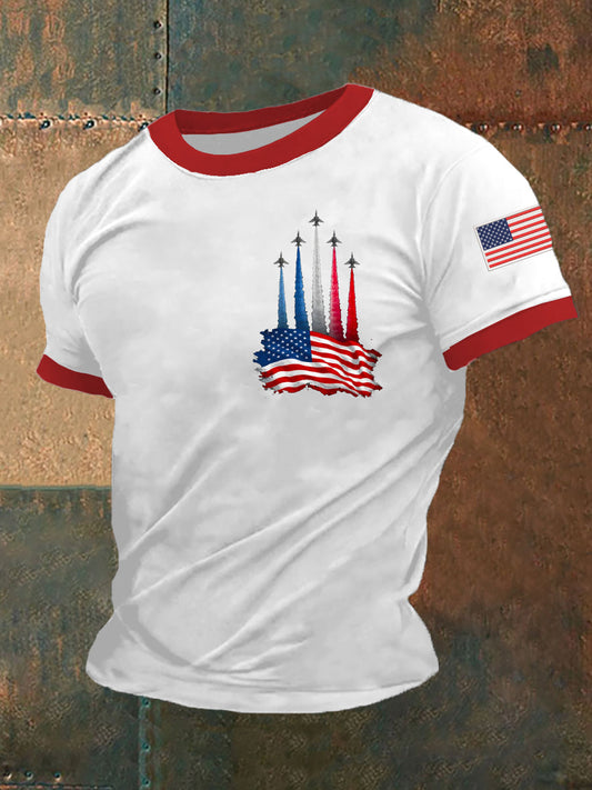 Men's Independence Day American Flag Jet Plane Print Casual Tee