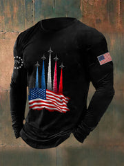 Men's Independence Day American Flag Jet Planes Print Casual Long-Sleeve T-Shirt