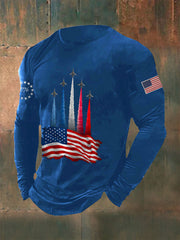 Men's Independence Day American Flag Jet Planes Print Casual Long-Sleeve T-Shirt