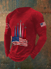 Men's Independence Day American Flag Jet Planes Print Casual Long-Sleeve T-Shirt