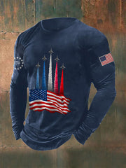 Men's Independence Day American Flag Jet Planes Print Casual Long-Sleeve T-Shirt