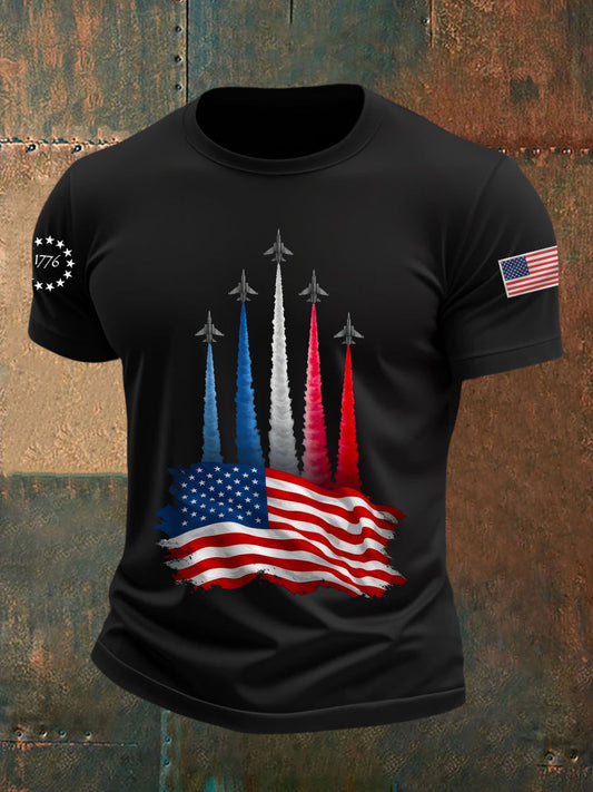 Men's Independence Day American Flag Jet Planes Print Casual Tee
