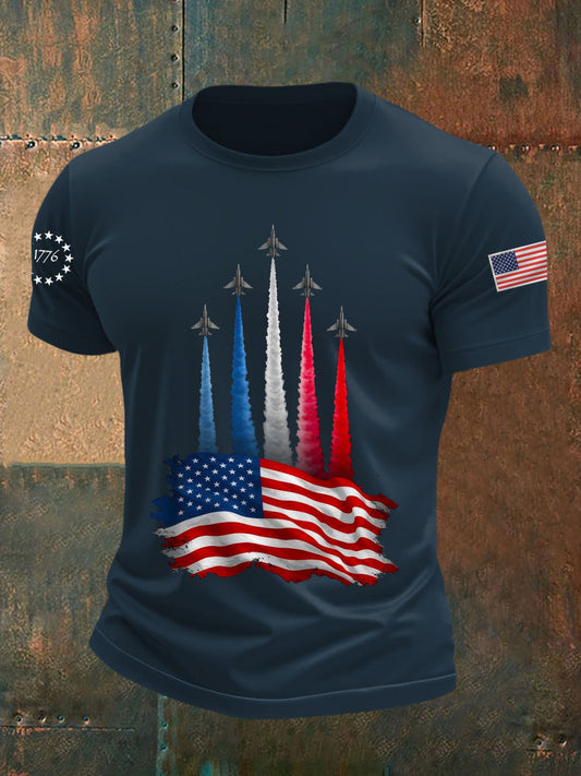 Men's Independence Day American Flag Jet Planes Print Casual Tee