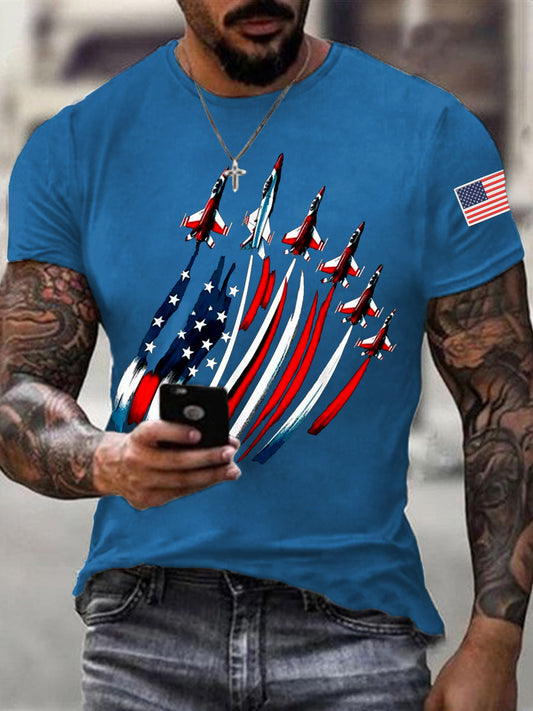 Men's Independence Day USA Flag Fighter Jets Print Casual Tee