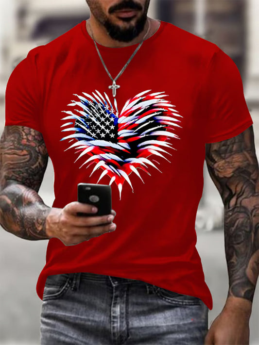 Men's Independence Day American Flag Heart Fireworks Casual Tee