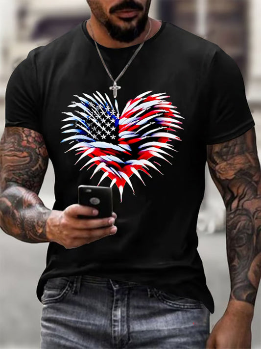 Men's Independence Day American Flag Heart Fireworks Casual Tee