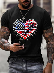 Men's Independence Day American Flag Heart Fireworks Casual Tee