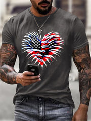Men's Independence Day American Flag Heart Fireworks Casual Tee