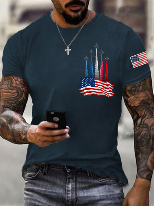 Men's Independence Day American Flag Jet Plane Print Casual Tee