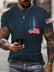 Men's Independence Day American Flag Jet Plane Print Casual Tee