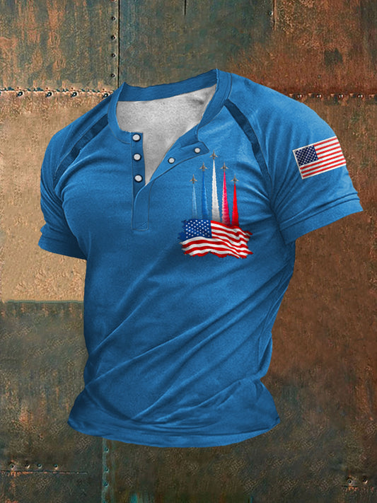 Men's Independence Day American Flag Jet Plane Print Casual Tee
