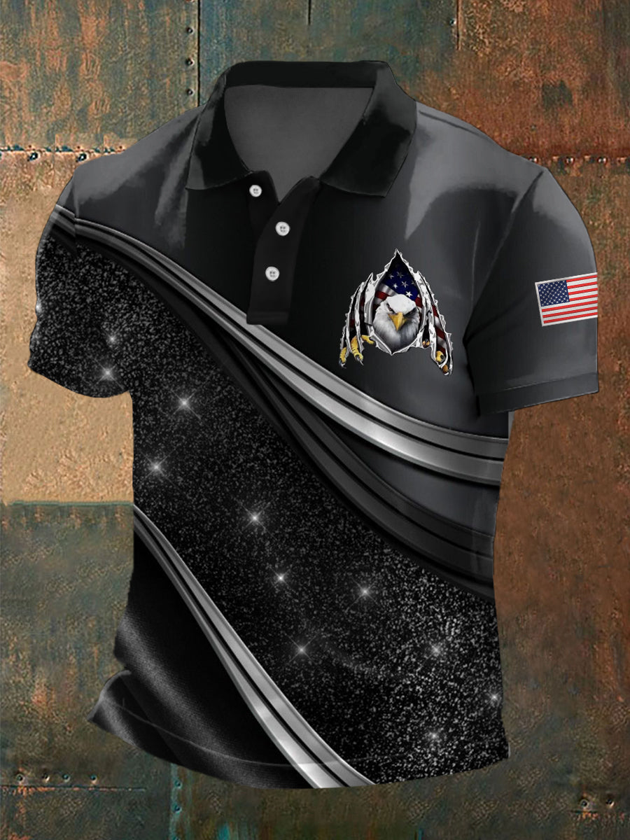 Men's Torn Effect American Flag Bald Eagle Artistic Geometric Print Casual Top