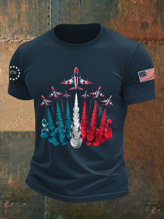 Men's Independence Day Patriotic Red White Blue USA Flag Fighter Jets Print Casual Tee
