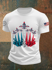 Men's Independence Day Patriotic Red White Blue USA Flag Fighter Jets Print Casual Tee