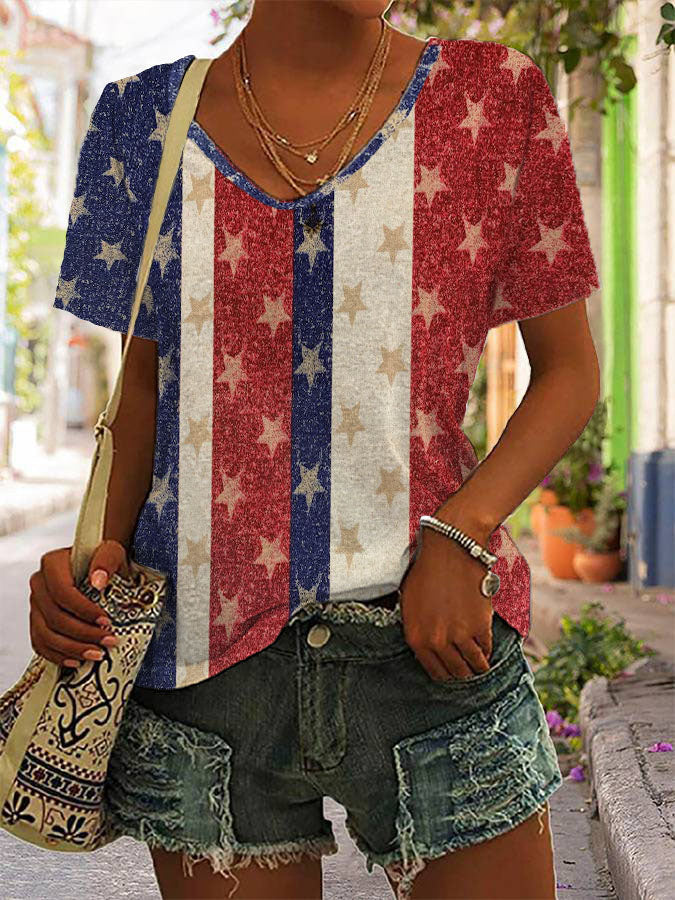 Women Independence Day America Flag Short Sleeve T-shirt