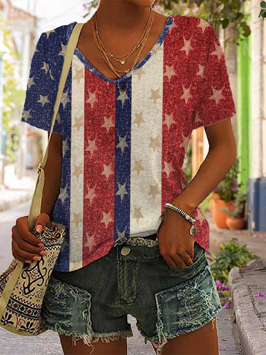 Women Independence Day America Flag Short Sleeve T-shirt