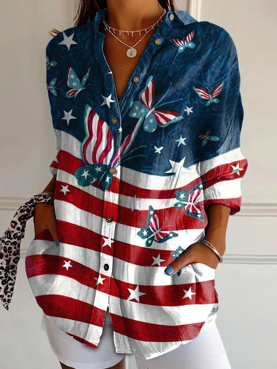 Women Independence Day America Flag Casual Long Sleeve Shirt