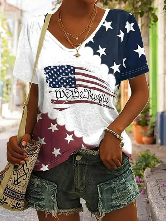 Women Independence Day America Flag Short Sleeve  T-shirt