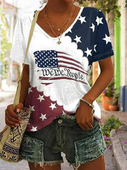 Women Independence Day America Flag Short Sleeve  T-shirt