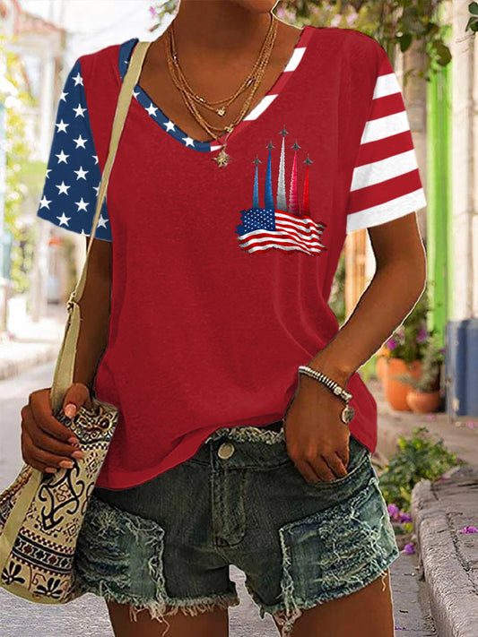 Women's 4th Of July Jet Plane Patriotic USA Flag Print Casual V-Neck Tee