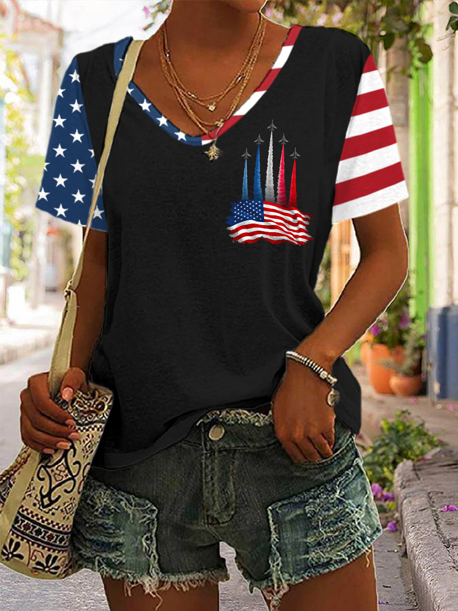 Women's 4th Of July Jet Plane Patriotic USA Flag Print Casual V-Neck Tee