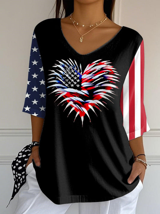 Women's Independence Day USA Flag Love Heart Fireworks Print Casual Half-Sleeve T-Shirt
