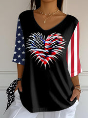 Women's Independence Day USA Flag Love Heart Fireworks Print Casual Half-Sleeve T-Shirt