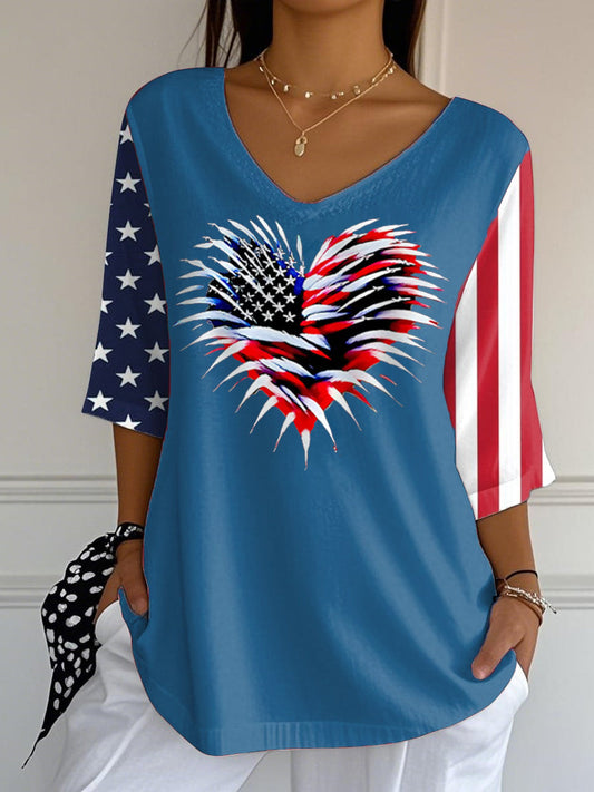 Women's Independence Day USA Flag Love Heart Fireworks Print Casual Half-Sleeve T-Shirt