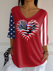 Women's Independence Day USA Flag Love Heart Fireworks Print Casual Half-Sleeve T-Shirt