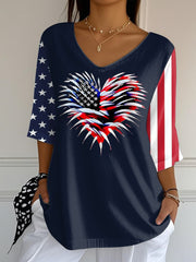 Women's Independence Day USA Flag Love Heart Fireworks Print Casual Half-Sleeve T-Shirt