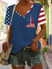 Women's 4th Of July Jet Plane Patriotic USA Flag Print Casual V-Neck Tee