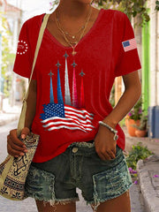Women's Independence Day American Flag Jet Planes Print Casual V-Neck Tee