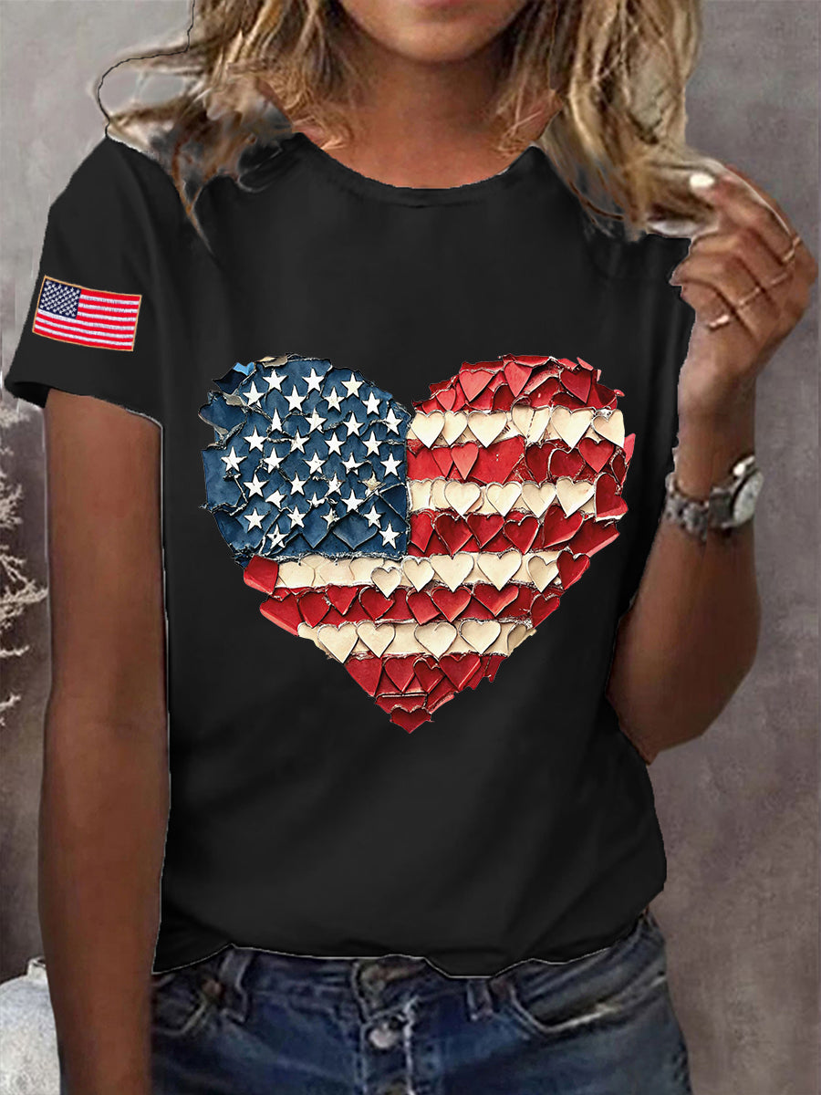 Women's Independence Day Brushstroke Hand Drawn Heart Short Sleeve T-Shirt