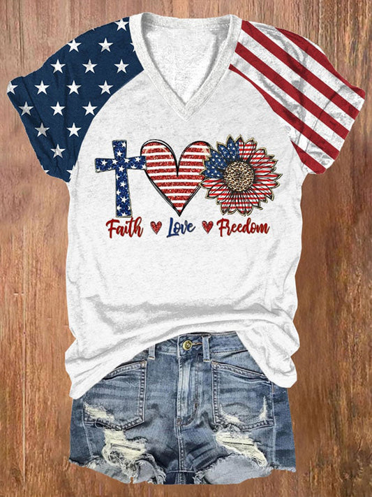 Women's Faith Love Freedom V-neck Off-shoulder Short-sleeved T-shirt